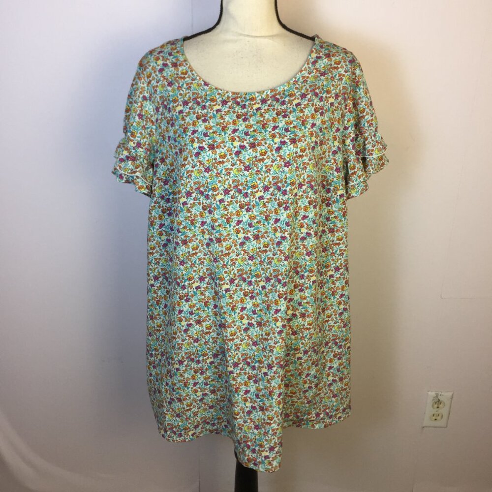 Lane Bryant Blouse Tunic Top Size 16L Womans Blue Floral Short Ruffle Sleeves